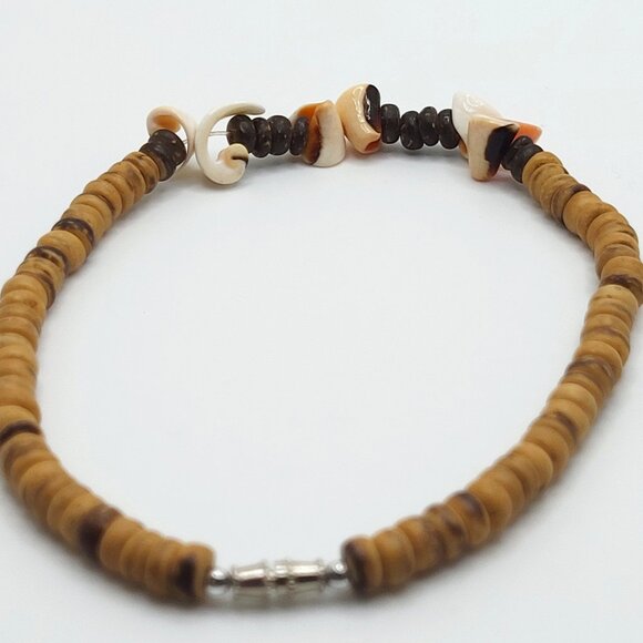 Curly Shell & Coconut Shell Heshi Anklet Barrel Clasp 9.5" - Picture 2 of 7